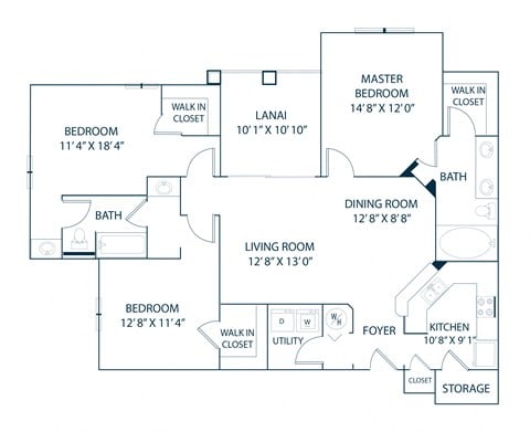 Floor plan for 3 beds, 2 baths, 1351 sqft